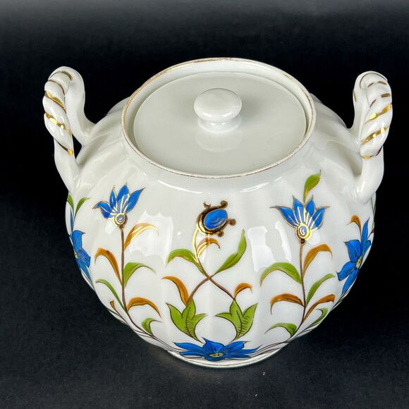 Jar Lid White Ceramic Blue Flowers Gold Trim Side Handles Decorative 4.75" Tall - Picture 8 of 12
